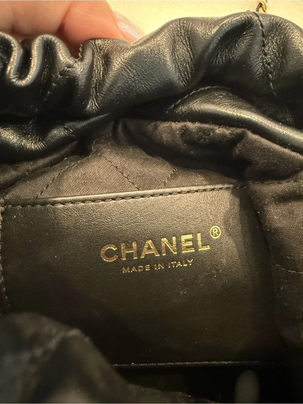 CHANEL 22 Black Quilted Leather Crossbody with Pearl-Trim Chain